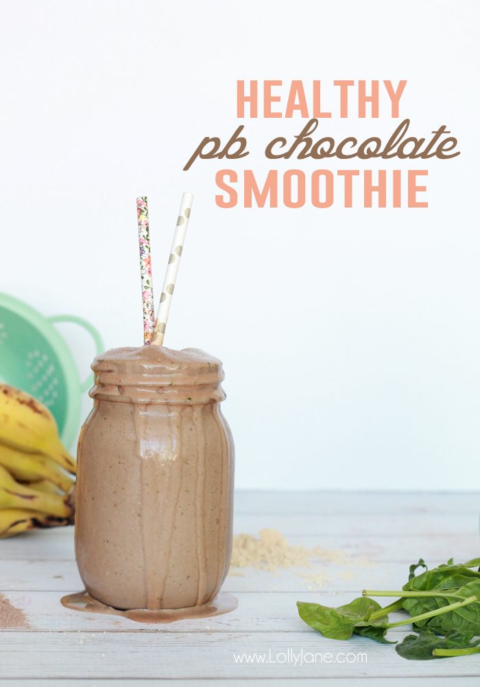 DELICIOUS Healthy Peanut Butter + Chocolate Smoothie. Tastes like a milkshake without the sugar or guilt!