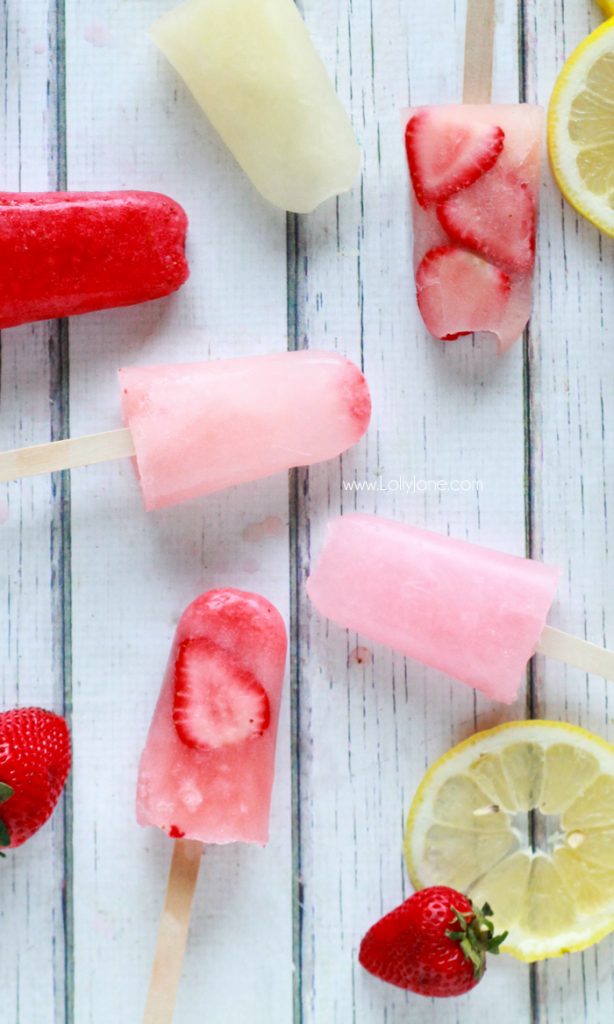 Strawberry Lemonade Popsicles. Perfect for warm sunny days and a yummy kids treat! 