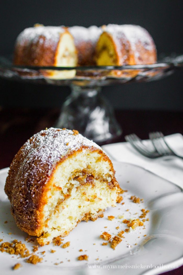 This Cinnamon Sour Cream cake has the density of a pound cake and is super moist. The cinnamon center is a nice surprise when you cut into the cake. Plus there is the added bonus of the brown sugar crumble on the bottom if your are sweet crumbs kind of person!