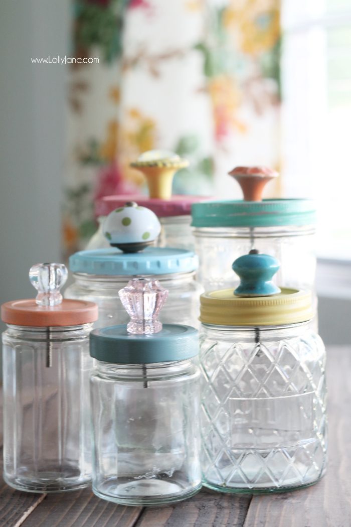 Acrylic paint. Foam brushes. Sealer. Old food jars recycled or mason jars. Drill and bit. Assortment of knobs.