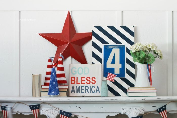 Easy 4th of July mantel! Love this patriotic decor using found things around the house. DIY 4th of July mantel, the patriotic foam cones were easy to make, inexpensive 4th of July decor!