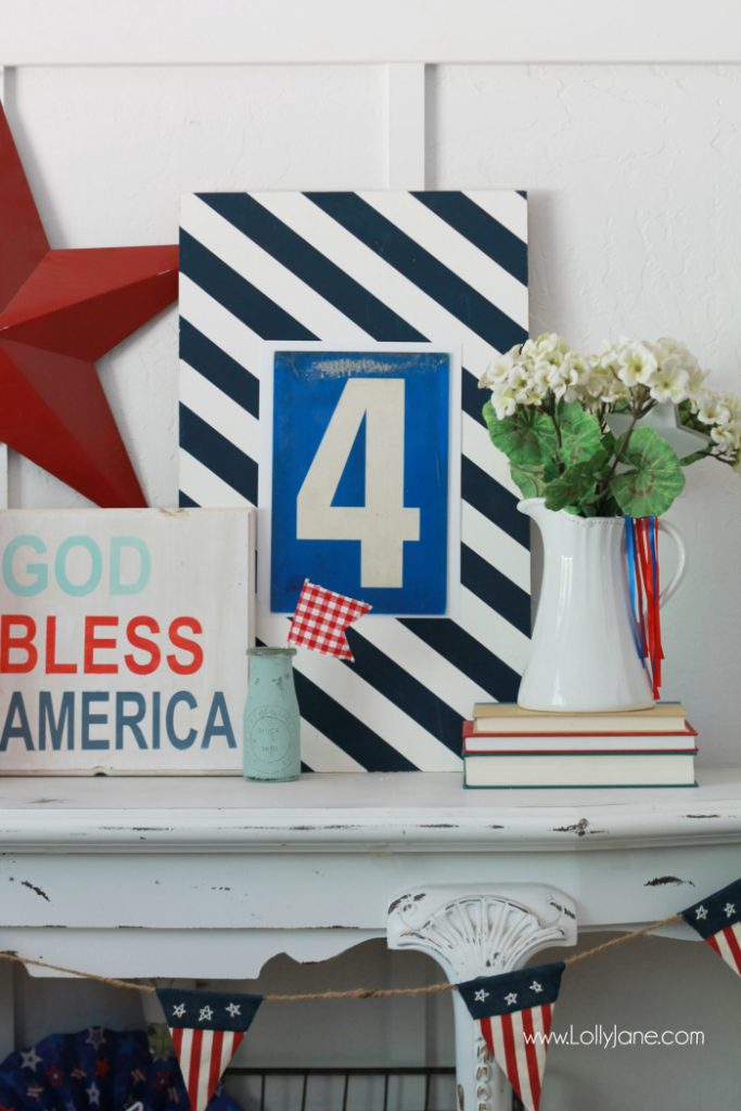 Easy 4th of July mantel! Love this patriotic decor using found things around the house. DIY 4th of July mantel, the patriotic foam cones were easy to make, inexpensive 4th of July decor!