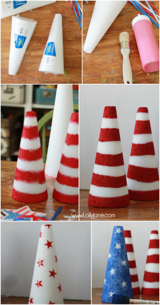 Easy 4th of July mantel! Love this patriotic decor using found things around the house. DIY 4th of July mantel, the patriotic foam cones were easy to make, inexpensive 4th of July decor!