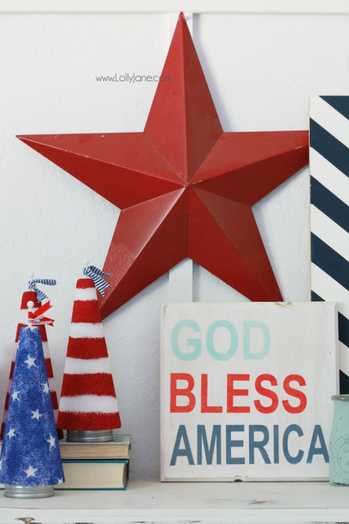 Easy 4th of July mantel! Love this patriotic decor using found things around the house. DIY 4th of July mantel, the patriotic foam cones were easy to make, inexpensive 4th of July decor!