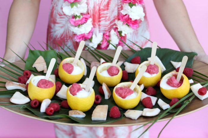 For dessert, sorbet served in lemon peels is yummy and adorable! Plus Top 5 punch recipes! Click through for 4 more yummy punch recipes plus luau party ideas!