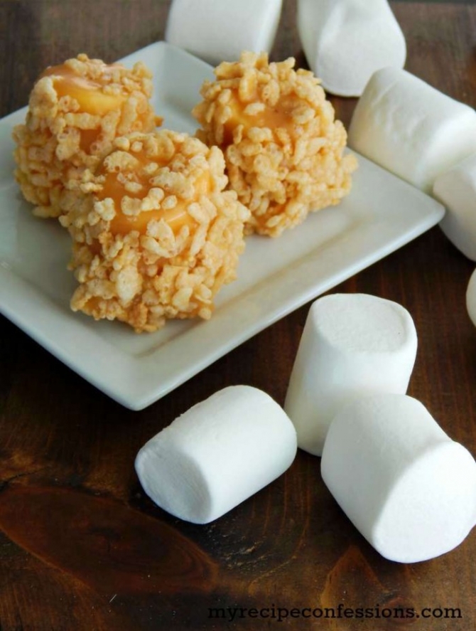 Rice Krispie Caramel Marshmallows. SO GOOD! Roll mallows in caramel and add ANY topping! 