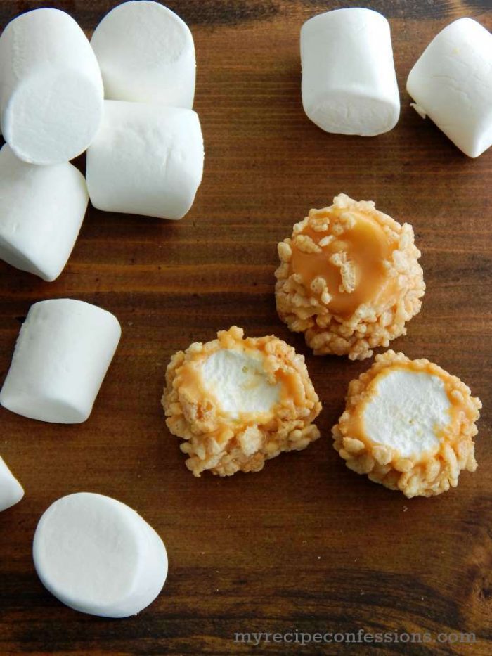 Rice Krispie Caramel Marshmallows. SO GOOD! Roll mallows in caramel and add ANY topping! 