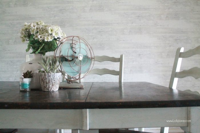 Faux wood wallpaper from Walls Republic, a fast alternative to shiplap or planked walls. Looks so good in this farmhouse dining room! Come see the full before/after room reveal! 