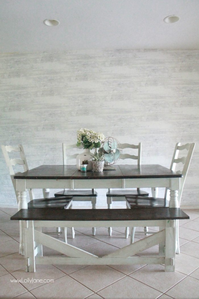 Faux wood wallpaper from Walls Republic, a fast alternative to shiplap or planked walls. Looks so good in this farmhouse dining room! Come see the full before/after room reveal!