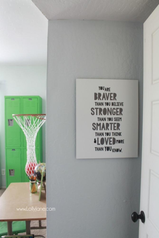 Vintage Industrial Boys Bedroom. Lots of wood tones, grays and neutrals for a vintage industrial boys room. Cute decor ideas and tips to keep it neat. Fun accessories like a basketball hoop and green lockers to complete the space.