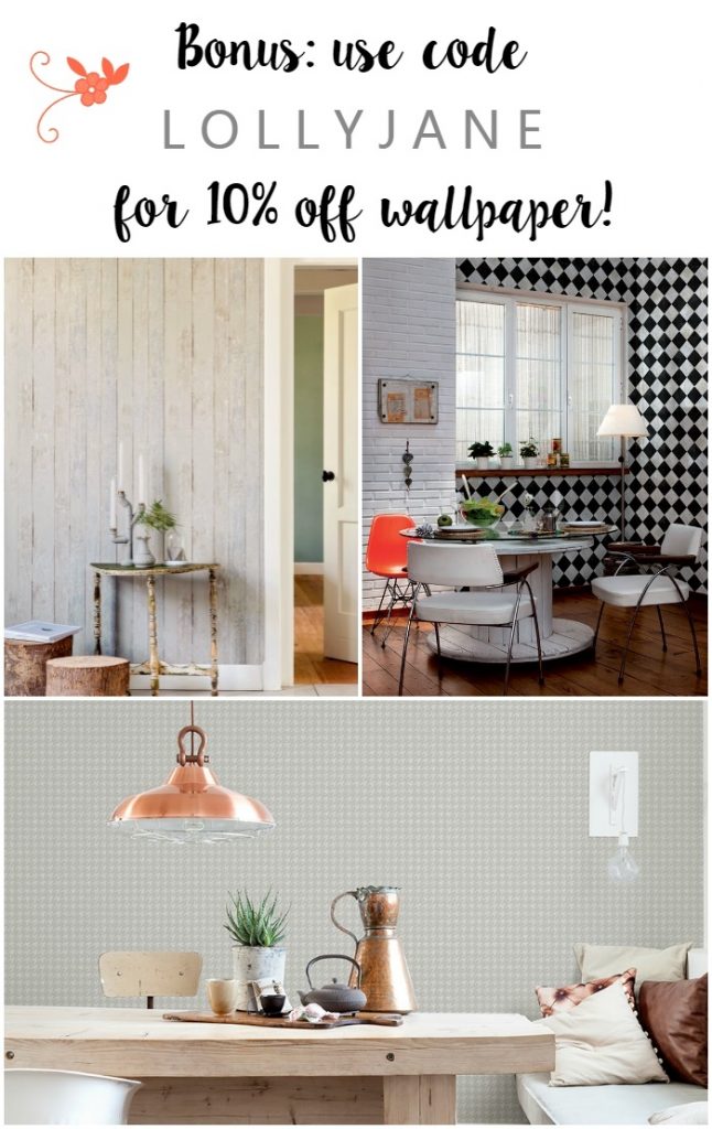 Walls Republic wallpaper promo code. Click through for a fun faux wood wallpaper from Walls Republic, a fast alternative to shiplap or planked walls. Looks so good in this farmhouse dining room! Come see the full before/after room reveal!