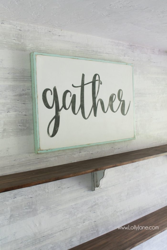 Pretty farmhouse dining room shelves, click through to see how easily the room came together. Step by step how to create this look! Pretty farmhouse dining room decor ideas! DIY farmhouse shelves using stain + paint! | Shop now: https://www.etsy.com/listing/243648125/gather-wooden-sign