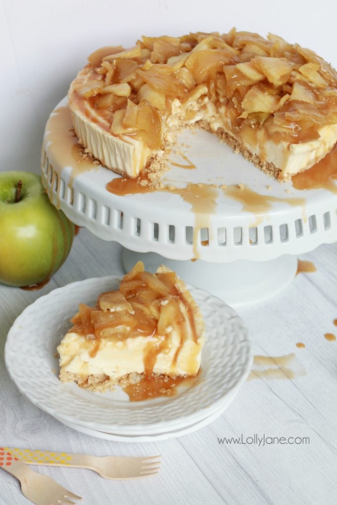 Easy caramel apple cheesecake recipe! So easy using a cheesecake base, this caramel apple cheesecake topping is a quick to make and is the perfect addition to your favorite cheesecake base! Yummy fall dessert, easy Thanksgiving recipe, great fall recipe idea!