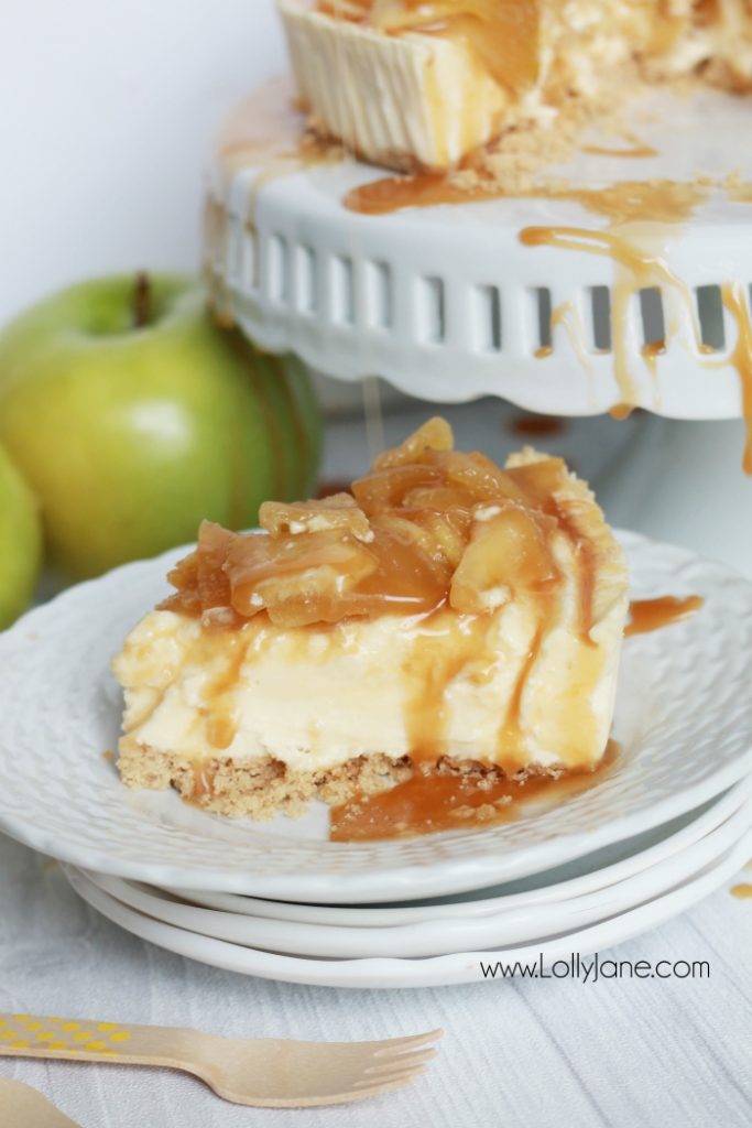 Easy caramel apple cheesecake recipe! So easy using a cheesecake base, this caramel apple cheesecake topping is a quick to make and is the perfect addition to your favorite cheesecake base! Yummy fall dessert, easy Thanksgiving recipe, great fall recipe idea!