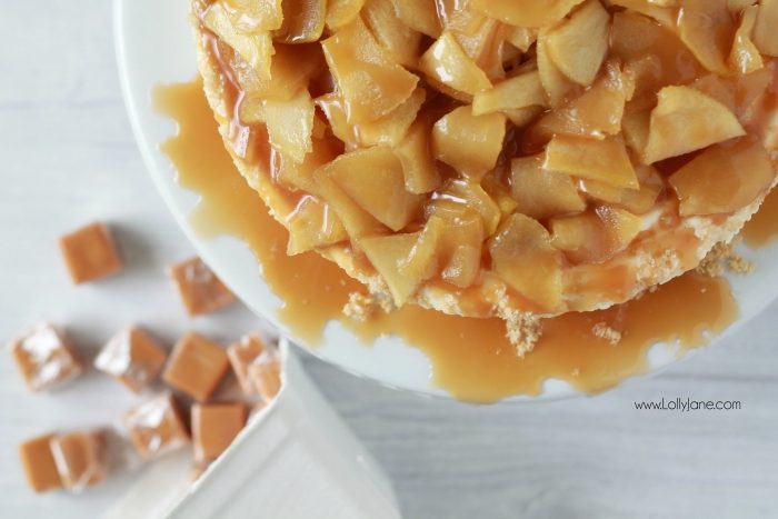 Easy caramel apple cheesecake recipe! So easy using a cheesecake base, this caramel apple cheesecake topping is a quick to make and is the perfect addition to your favorite cheesecake base! Yummy fall dessert, easy Thanksgiving recipe, great fall recipe idea!