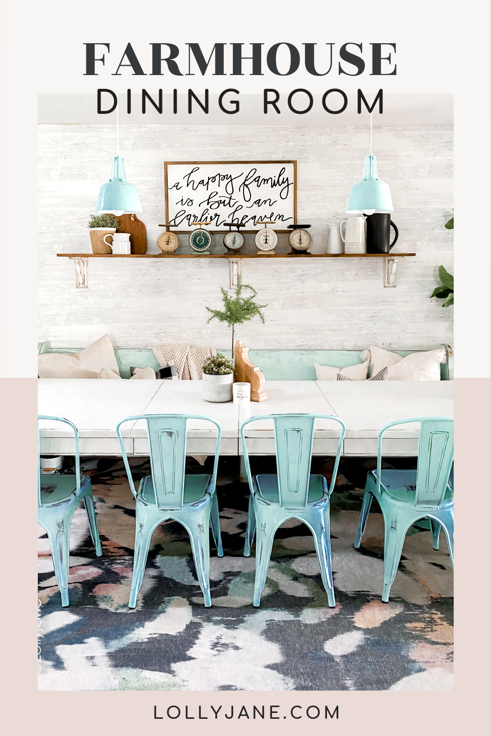 Farmhouse style dining room... love the splash of blue! DIY Wallpaper + Painted table + DIY shelves... making your own dining room farmhouse style doesn't need to break the bank! #diningroom #farmhouse #farmhousediningroom #farmhousedecor #wallpaper #diyshelves