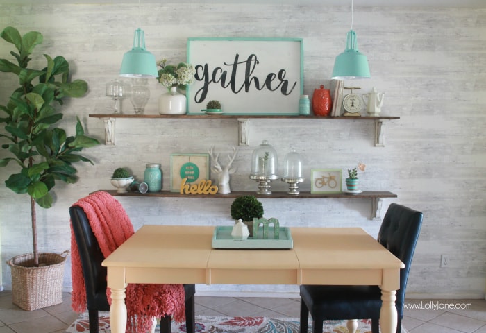 Love this colorful farmhouse dining room! Lots of color with classic pieces. This apricot dining room table is a fun way to bring color to a neutral space! Learn how to get a professional finish on your furniture!