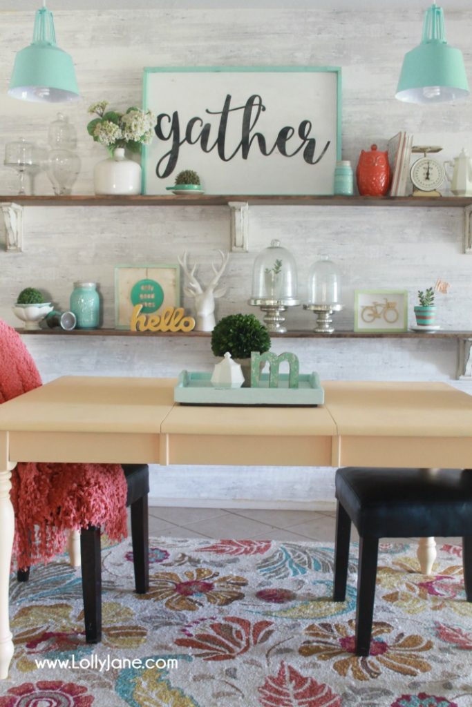 Love this colorful farmhouse dining room! Lots of color with classic pieces. This apricot dining room table is a fun way to bring color to a neutral space! Learn how to get a professional finish on your furniture!