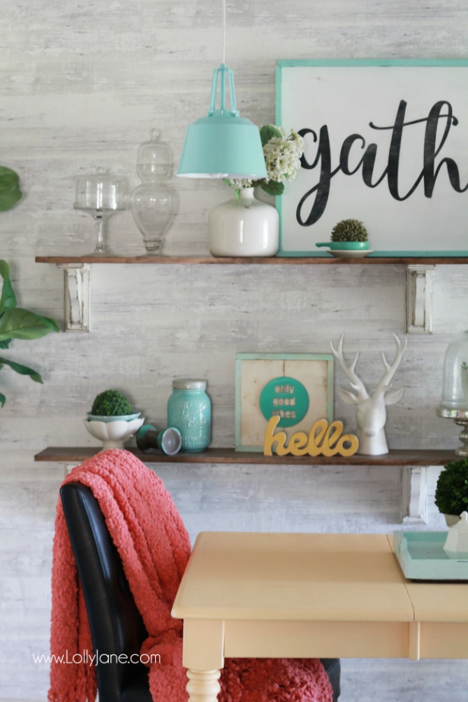 Love this colorful farmhouse dining room! Lots of color with classic pieces. This apricot dining room table is a fun way to bring color to a neutral space! Learn how to get a professional finish on your furniture!