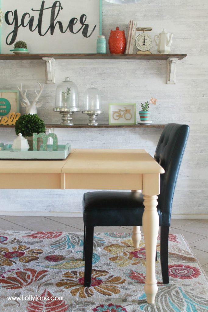 Love this colorful farmhouse dining room! Lots of color with classic pieces. This apricot dining room table is a fun way to bring color to a neutral space! Learn how to get a professional finish on your furniture!