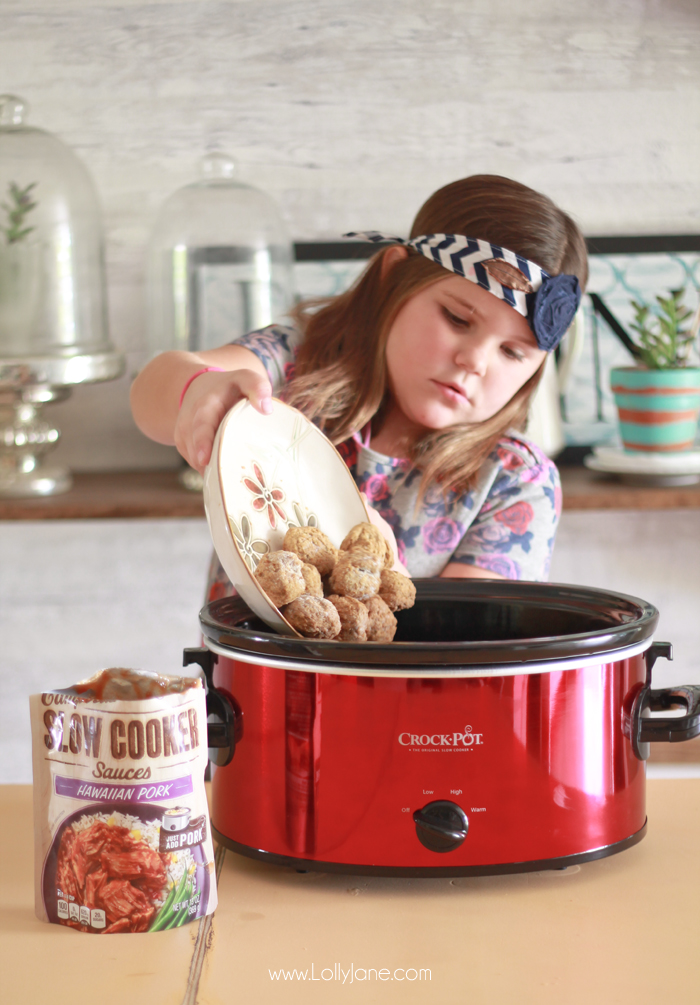 Easy Hawaiian Meatballs... just toss ingredients in the crockpot then pile over rice and pineapple. So good!