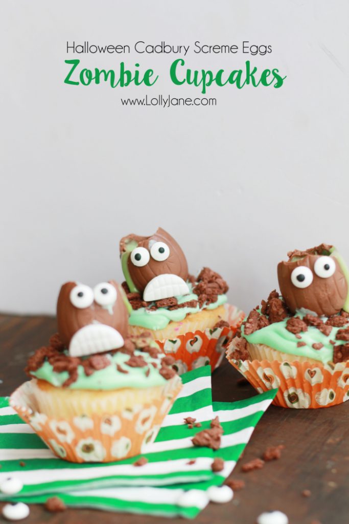 The cutest Halloween Cadbury Screme Eggs Zombie Cupcakes for a cute Halloween treat! Great Halloween party idea, cute kids Halloween treat idea! Love these easy zombie cupcakes! 