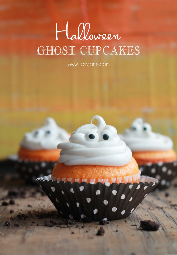 Orange Fanta GHOST Cupcakes, perfect for Halloween! Sprinkled with crushed OREO's to look like dirt. Boo!