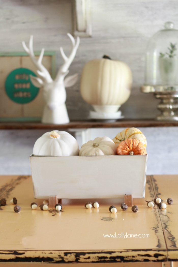 Easy Fall Tablescape idea! Pile neutural pumpkins into a cheap IKEA planter and enjoy!