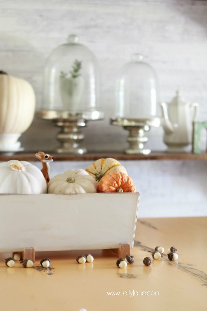 Easy Fall Tablescape idea! Pile neutural pumpkins into a cheap IKEA planter and enjoy!