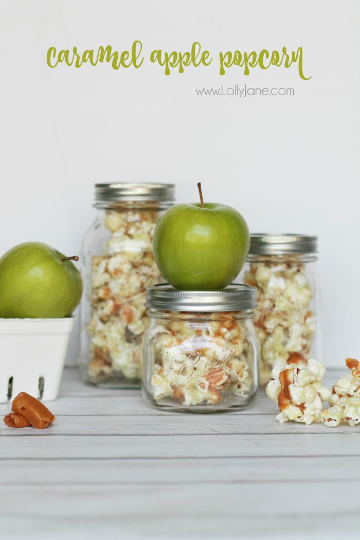 Easy caramel apple popcorn recipe. Great neighbor gift idea! Love this caramel apple popcorn in a jar gift idea! Yummy candied caramel popcorn recipe, great holiday gift idea too!