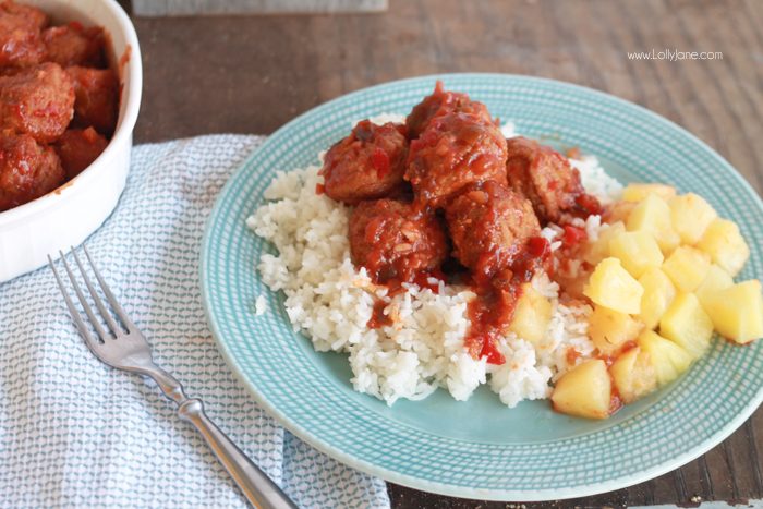 Easy Hawaiian Meatballs... just toss ingredients in the crockpot then pile over rice and pineapple. So good!