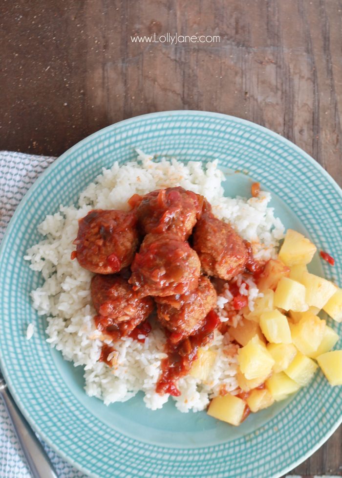 Easy Hawaiian Meatballs... just toss ingredients in the crockpot then pile over rice and pineapple. So good!