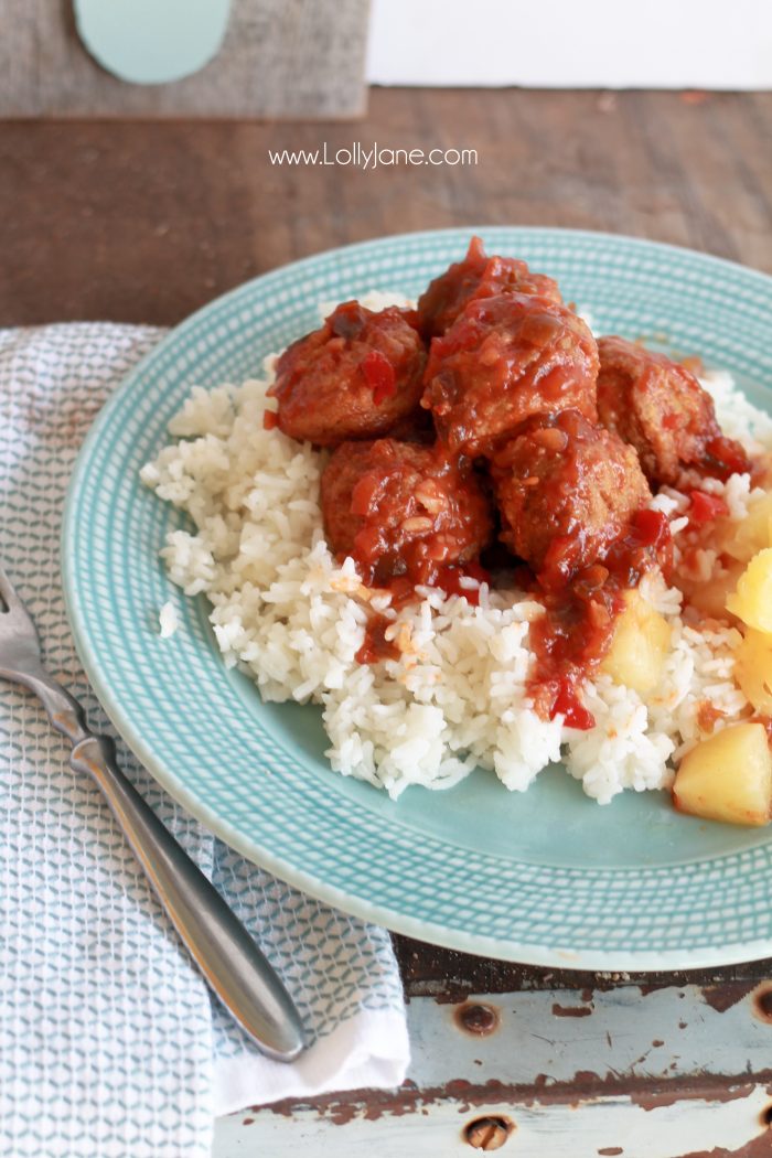 Easy Hawaiian Meatballs... just toss ingredients in the crockpot then pile over rice and pineapple. So good!