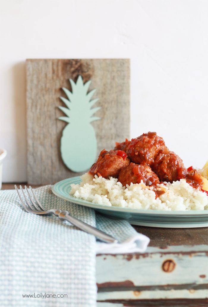 Easy Hawaiian Meatballs... just toss ingredients in the crockpot then pile over rice and pineapple. So good!