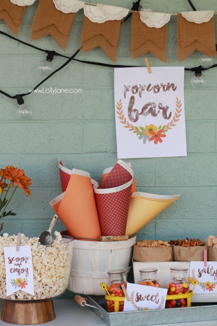 Easy fall popcorn bar, so yummy! Pretty popcorn bar printables, free prints and tags! Love these fall popcorn bar ideas!