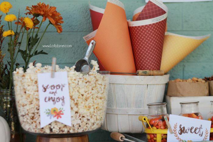 Easy fall popcorn bar, so yummy! Pretty popcorn bar printables, free prints and tags! Love these fall popcorn bar ideas!