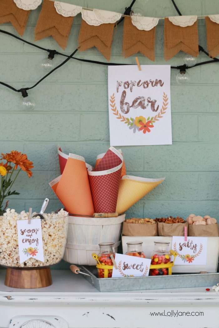 Easy fall popcorn bar, so yummy! Pretty popcorn bar printables, free prints and tags! Love these fall popcorn bar ideas!