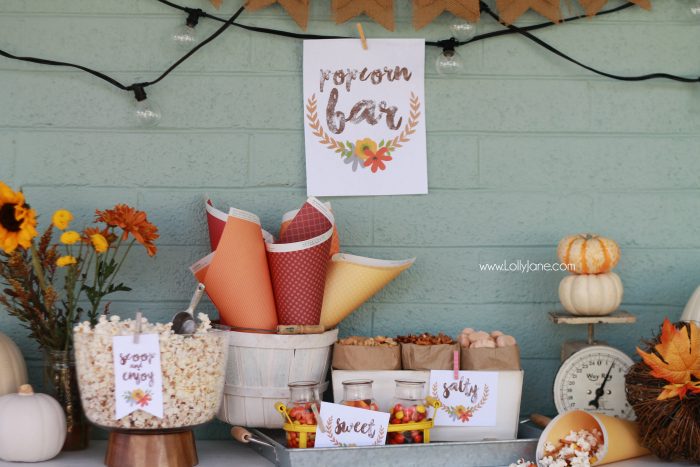 Easy fall popcorn bar, so yummy! Pretty popcorn bar printables, free prints and tags! Love these fall popcorn bar ideas!