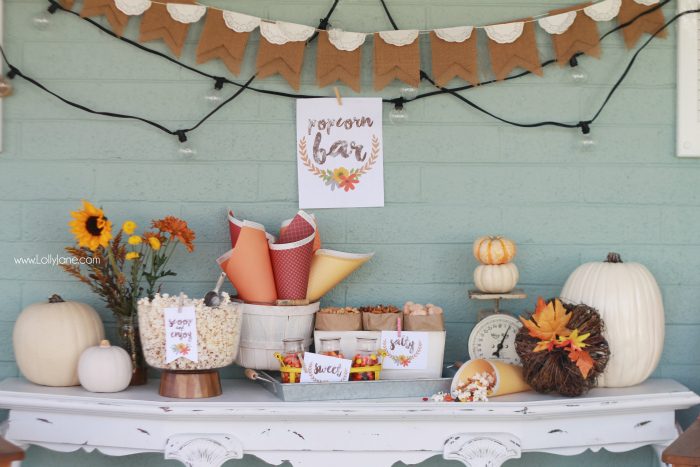 Easy fall popcorn bar, so yummy! Pretty popcorn bar printables, free prints and tags! Love these fall popcorn bar ideas!