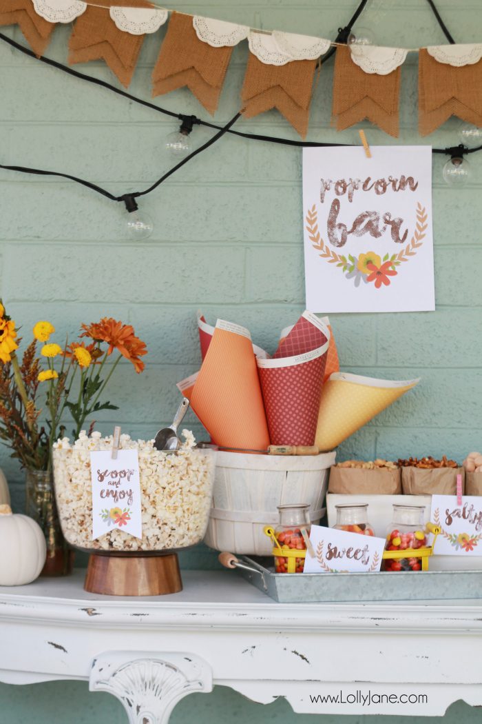 Easy fall popcorn bar, so yummy! Pretty popcorn bar printables, free prints and tags! Love these fall popcorn bar ideas!