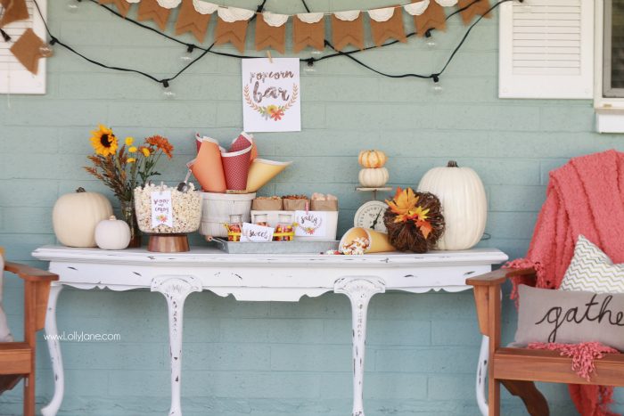 Easy fall popcorn bar, so yummy! Pretty popcorn bar printables, free prints and tags! Love these fall popcorn bar ideas!