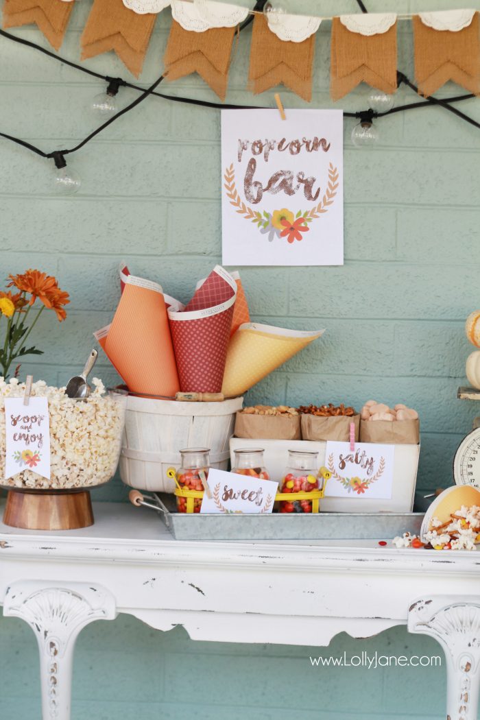 Easy fall popcorn bar, so yummy! Pretty popcorn bar printables, free prints and tags! Love these fall popcorn bar ideas!