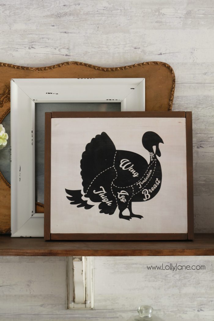 DIY turkey chart diagram sign. Cute kitchen decor! Fun and easy Thanksgiving sign, cute Thanksgiving home decor! Love this turkey decor!