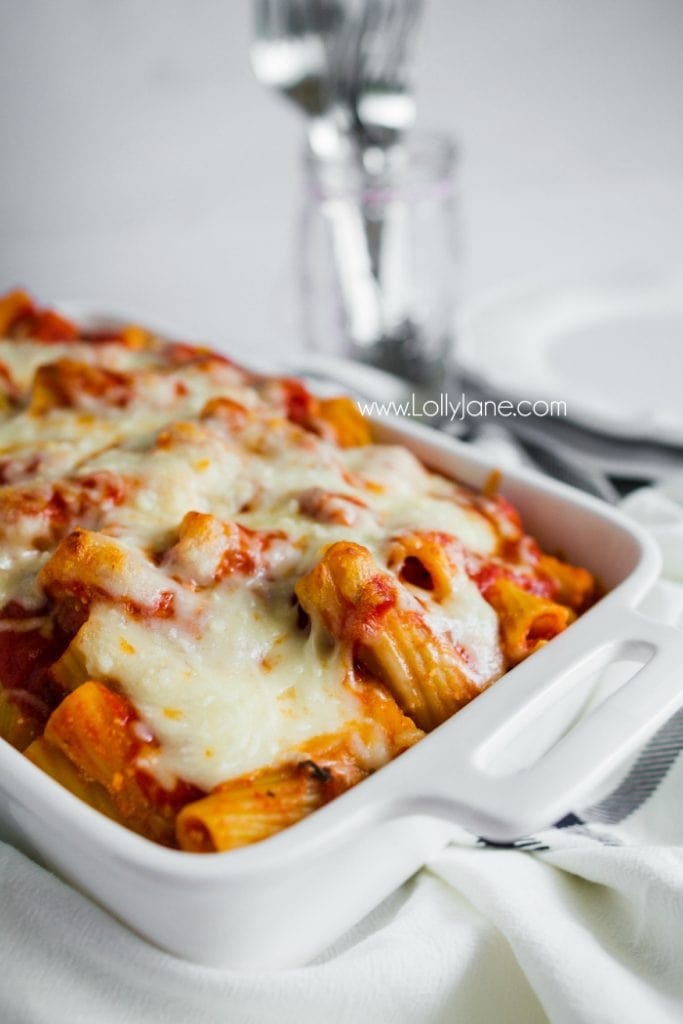 Hearty baked rigatoni recipe, so good! Easy dinner idea, great family recipe! You'll love this cheesy mix of noodles and cheese!