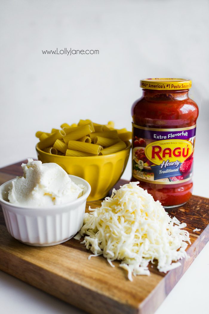 Hearty baked rigatoni recipe, so good! Easy dinner idea, great family recipe! You'll love this cheesy mix of noodles and cheese!