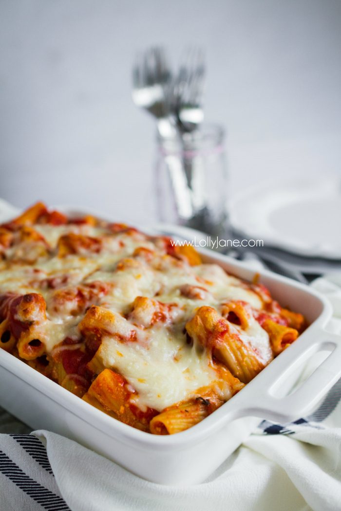 Hearty baked rigatoni recipe, so good! Easy dinner idea, great family recipe! You'll love this cheesy mix of noodles and cheese!