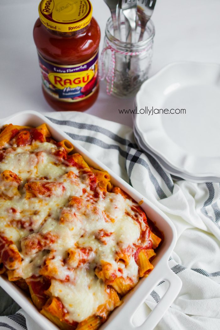 Hearty baked rigatoni recipe, so good! Easy dinner idea, great family recipe! You'll love this cheesy mix of noodles and cheese!