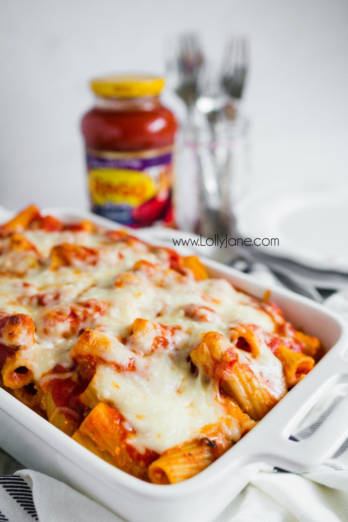 Hearty baked rigatoni recipe, so good! Easy dinner idea, great family recipe! You'll love this cheesy mix of noodles and cheese!