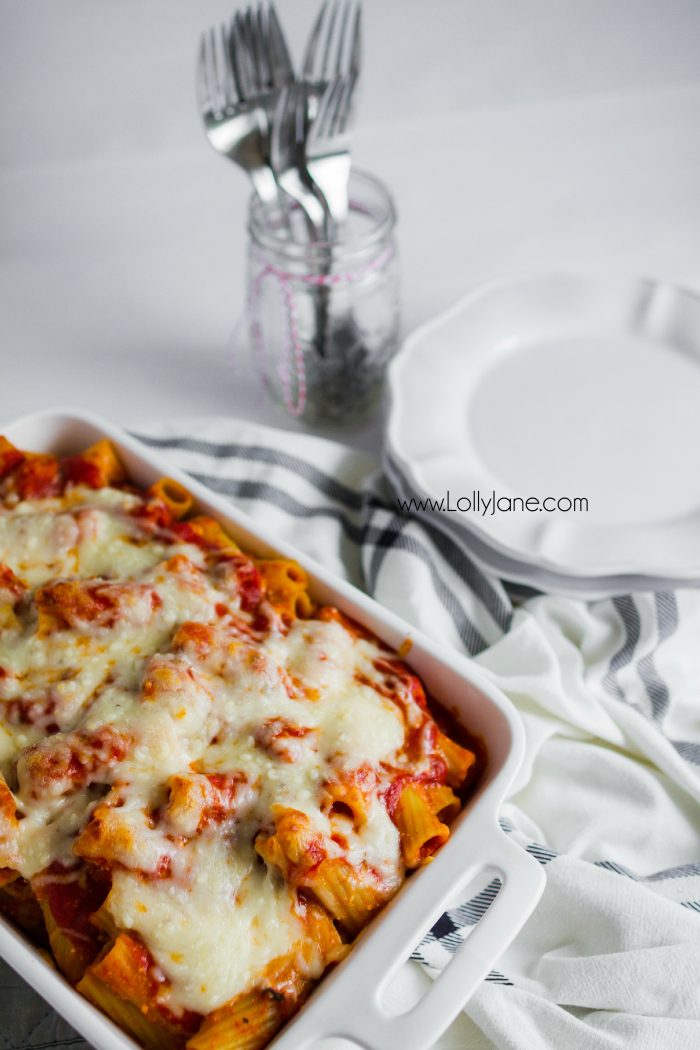 Hearty baked rigatoni recipe, so good! Easy dinner idea, great family recipe! You'll love this cheesy mix of noodles and cheese!