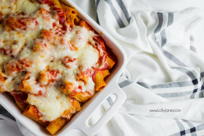 Hearty baked rigatoni recipe, so good! Easy dinner idea, great family recipe! You'll love this cheesy mix of noodles and cheese!